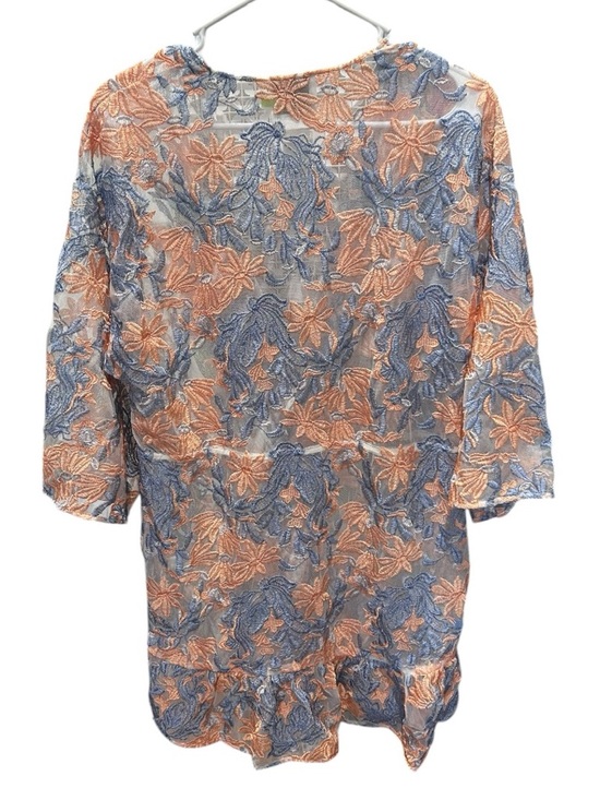 LYSSÉ Sheer Floral Embroidered Kimono Cardigan Blue Peach Boho Tie Waist Size L